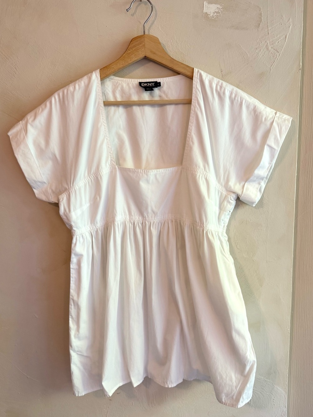 DKNY | White 100% Cotton Square Neck Babydoll Tunic Top | Pockets